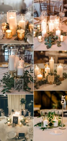 wedding tables with candles and greenery are shown in four different pictures, including the centerpieces