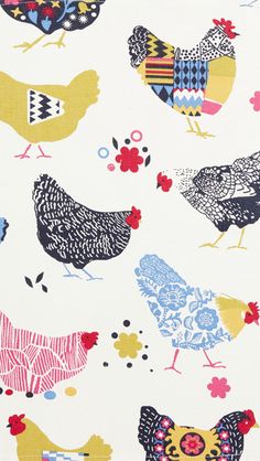 chickens and roosters on white fabric with red, yellow, blue, and pink flowers