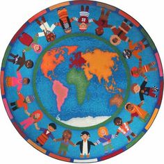 a colorful plate with children around the world painted on it's sides and hands