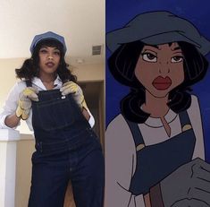 an image of a woman in overalls and hat next to the same character from disney's beauty and the beast