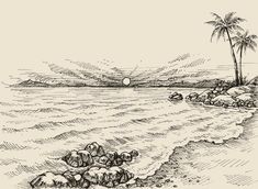 an ink drawing of the ocean with rocks and palm trees