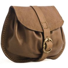 a brown leather purse with a ring on the front and strap around the clasps