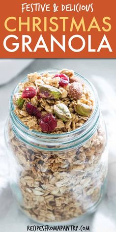 a jar filled with granola sitting on top of a table