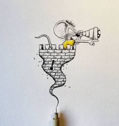 a drawing of a mouse on top of a brick wall with a light bulb coming out of it