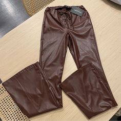 Brand New With Tags Size 4 Elegant Faux Leather Bottoms For Day Out, Trendy Faux Leather Bottoms For Day Out, Casual Brown Leather Pants For Party, Trendy Brown Bottoms For Date Night, Trendy Brown Leather Pants For Party, Brown Faux Leather Pants, Black Flare Dress, Brown Leather Pants, Flare Dress Pants