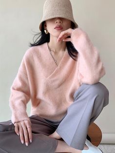 Pink Wide V-Neck Mohair Sweater | Cheon Da Hye - Queen Of Tears Pink M Mohair Tops For Fall, Spring Mohair V-neck Sweater, Fashion Chingu, Button Sweater, Striped Turtleneck, Mohair Sweater, Embroidered Sweater, Zip Up Sweater, Knit Crop