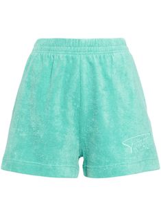 mint green cotton terry-cloth effect embroidered logo at the leg elasticated waistband two side slit pockets thigh-length straight hem Malibu Princess, Mint Shorts, Fear Street, Tweed Shorts, Short Women Fashion, Work Suits, Terry Shorts, Airport Fashion, Embroidered Shorts