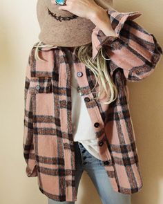 "A vintage inspired plaid shirt jacket with the best details! Front chest pockets, cute rollable sleeves & soft brushed plaid fabric. Oversized fit. Model is 5'8\", a size 8 & wearing a medium. Color: Rose, brown & blue Cotton & Poly Blend Hand wash cold * Because of the time & care invested in the production of each piece all sales are final. + Ships from our small family business in Washington State. Approximate Measurements:           SMALLMEDIUM   LARGE BUST42    44      46 WAIST42    44 Oversized Black Denim Jacket, Flannel Shacket, Pretty Sweaters, Black And White Flannel, Knitted Hood, Anorak Jacket, Black Denim Jacket, Plaid Fabric, Plaid Jacket