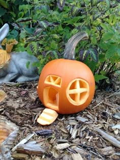 an orange pumpkin with holes in it sitting on the ground next to some leaves and plants