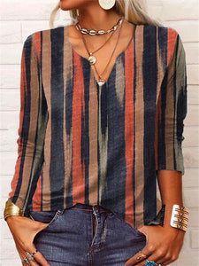 Striped Long Sleeve Top For Fall, Fall Striped Long Sleeve Top, Long Sleeve Printed Shirt For Fall, Printed Long Sleeve Shirt For Fall, Fall Long Sleeve Printed Shirt, Casual Long Sleeve Patterned Shirt, Fall Multicolor V-neck Shirt, Stretch Long Sleeve Shirt, Casual Multicolor Stretch Shirt