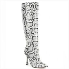 Gianni Bini Lennoxe Snake Print Boots Size 5.5 Black & White Tall Boots Snake Printed Leather Upper Stiletto Covered Heel Construction Full Inside Zipper Closure Synthetic/Fabric Lining Padded Memory Foam Sock Synthetic Outsole Approx. 15.5" Shaft Height Approx. 15" Top Of Shaft Circumference Approx. 4" Heel Height New - Without Box Gianni Bini Lennoxe Snake Print Boots Size 5.5 Black & White Tall Boots Leather Tall Boots, Snake Print Boots, Gorgeous Boots, Oxblood Leather, Brown Riding Boots, High Heel Boots Knee, Tall Leather Boots, Black Heel Boots, Boot Print