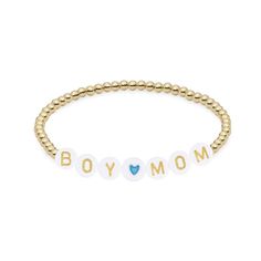 Boy Mom | Initial Bracelet by Jaimie Nicole Jewelry White Stackable Jewelry For Birthday, White Stackable Jewelry For Mother's Day, White Name Bracelet For Mother's Day, White Round Name Bracelet For Mother's Day, White Letter Beads Charm Bracelet For Mother's Day, Gold Stretch Bracelet For Mother's Day, White Charm Bracelet With Letter Beads For Mother's Day, White Charm Bracelet For Everyday And Mother's Day, Gold Hypoallergenic Stretch Bracelet For Mother's Day