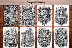 several different types of mechanical art work on wooden background with text that reads, grayscale version