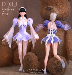 two dolls are posed next to a teddy bear