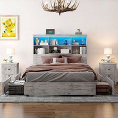 a bed room with a neatly made bed and a book shelf on the wall above it