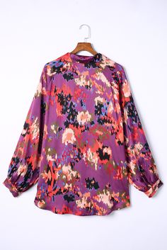 Purple Plus Size Abstract Print V-neck Long Sleeve Blouse Chic Multicolor Top With Split Neck, Chic Multicolor Split Neck Tops, Chic Multicolor Split Neck Blouse, Multicolor V-neck Workwear Blouse, Multicolor V-neck Blouse For Work, Leopard Satin Dress, Purple Style, Blouse Plus Size, Plus Size Blouse