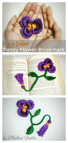 crochet bookmarks with flowers on them and the title how to crochet an easy flower bookmark