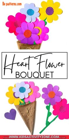 paper flowers in a cone with the words heat flower bouquet on top and below it