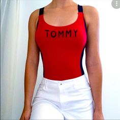 Tommy Hilfiger, Ref White Blue Bodysuit, Tank Top. Size Xs, But Would Definitely Fit Size Small Without A Problem. Pictures Of Models Are Waring Similar Tommy Jean Tops. This Is To Show You What This Top Looks Like. Look Through Pictures To See Available Top For Sale. Pair It Up With A Pair Of White Jeans Or Shorts And Look Stunning! Very Sexy Top. Gug13 Tommy Hilfiger Spring Beachwear, Tommy Hilfiger Beachwear For Spring, Tommy Hilfiger Swimwear For Spring Beachwear, Tommy Hilfiger Beachwear, Trendy Red Bodysuit For Beach, Red Sporty Swimwear For Spring, Tommy Hilfiger Stretch Tops For Summer, Red Casual Bodysuit For Spring, Casual Red Bodysuit For Spring