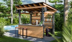 a small outdoor bar next to a swimming pool