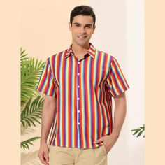 The collision of different multicolor-striped shirts is the color of summer and a dazzling presence in the crowd. This button short-sleeved shirt with a contrast stripe design shows a charming man in summer. It is easy to match. You can wear a solid color tank top inside, or pair it with jeans or pants. A perfect gift for family, friends, boyfriends, or colleagues. Summer Horizontal Stripe Button-up Shirt, Horizontal Stripe Button-up Shirt For Summer, Summer Button-up Shirt With Horizontal Stripes, Blue Shirt With Horizontal Stripes For Summer, Summer Collared Shirt With Vertical Stripes, Multicolor Horizontal Stripe Summer Tops, Collared Multicolor Shirt For Beach, Multicolor Collared Shirt For Beach, Striped Short Sleeve Shirt For Vacation