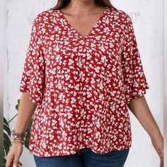 New Red And White Floral Print Blouse Short Flowy Sleeves P2p 23" Length 25" Red Floral Print V-neck Top, Red V-neck Floral Print Top, Red Printed V-neck Blouse, Red V-neck Blouse, Blush Pink Top, Cap Sleeves Blouse, Flowy Sleeves, White Halter Maxi Dress, Embroidery Blouse