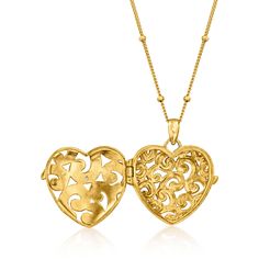 Ross-Simons - 18kt Gold Over Heart Locket Necklace, Diamond Accent. 18". Openwork swirls and a diamond accent decorate this sweet 18kt yellow gold over sterling silver heart locket necklace. For a special surprise, it opens to hold a 5/8" x 3/4" photo of your choice. Would make a lovely gift for a birthday, holiday or milestone. Suspends from a curb chain with a springring clasp. 18kt gold over sterling heart locket necklace. Diamond birthstones are the perfect gift for April birthdays. Elegant Medallion Locket Necklace For Valentine's Day, Elegant Heart Pendant Locket Necklace With Charms, Elegant Gold Locket Necklace With Charms, Elegant Locket Necklace For Valentine's Day Anniversary, Elegant Locket Necklace With Charms For Anniversary, Elegant Yellow Gold Heart Pendant Locket Necklace, Elegant Heart Medallion Necklace For Valentine's Day, Elegant Heart-shaped Yellow Gold Locket Necklace, Gold Sterling Silver Locket Necklace For Formal Occasions