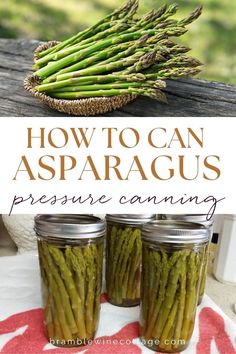 three jars filled with asparagus sitting on top of a table