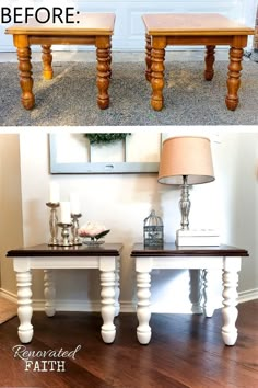 before and after photos of an old coffee table turned into a side table for the living room