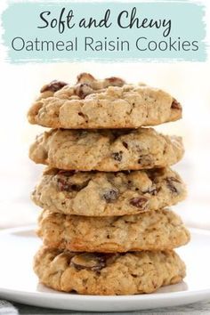 soft and chewy oatmeal raisin cookies stacked on top of each other