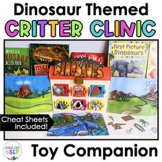 the dinosaur themed critter clinic includes toys and books for children to play with