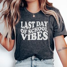 Celebrate the start of summer with this Last Day of School Teacher Shirt! The perfect shirt to celebrate all your hard work and dedication throughout the school year! Find more End of Year Teacher shirts and gifts here: https://www.etsy.com/shop/JaxGraphicTees?ref=seller-platform-mcnav&search_query=last+day+of+school All of our adult t-shirts are Bella + Canvas 3001 Unisex shirts. They are a super soft fabric that will quickly become a go to in your wardrobe. Its lightweight and flexible materia Summer School Spirit Tops, Summer School Spirit Short Sleeve Shirt, Summer School Spirit Shirt With Graphic Print, School Spirit Graphic Print Summer Shirt, End Of School Year Text Print Shirt, Relaxed Fit Shirt For School With School Spirit, Relaxed Fit Shirt With School Spirit, Summer College Shirt With Letter Print, Summer School Slogan Tops