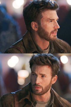 two different shots of a man with dark hair and beards looking to his left