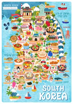 the map of south korea is shown in blue and has many different things on it