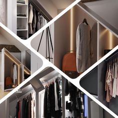 the closet is organized with clothes and suitcases, including jackets and sweaters on hangers