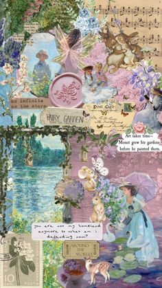 an altered collage with many different pictures and words on it's side, including flowers