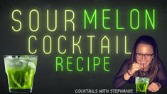 a woman sitting at a table with a drink in front of her and the words sourmelon cocktail recipe