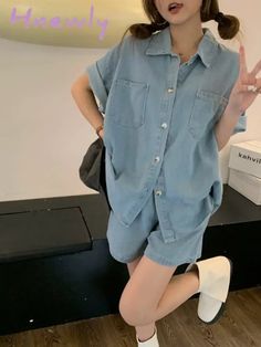 Hnewly New Summer Women Fashion Loose Denim Suits Single Breasted Shirts Tops + Elastic Waist Wide Suits Korean, Wide Leg Shorts, Summer Shorts Denim, Denim Suit, Summer Denim, Short Suit, Two Piece Set, Women's Summer Fashion, Bottoms Pants