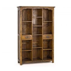 an old wooden bookcase with drawers on the front and bottom shelves, against a white background