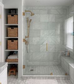 a walk in shower sitting next to a white sink