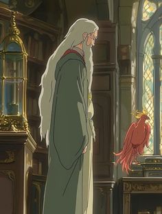 an animated image of a man standing next to a red bird in front of a stained glass window