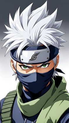 an anime character with white hair and green eyes wearing a black helmet, scarf and bandana