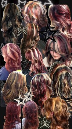 Cool Red Hair Dye Ideas, What Colour To Dye Your Hair, Hair Color Ideas For Dish Water Blonde, Calico Skunk Hair, Red And Blonde Streaks, Calico Colored Hair, Long Calico Hair, Curly Hair Dye Ideas Streaks