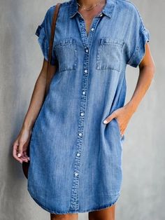 Denim Shirt Dress Women, Elegant Shirt Dress, Short Sleeve Denim Dress, Short Sleeve Denim Shirt, Marine Uniform, Denim Midi Dress, Dress Sleeve Length, Denim Dresses, Collared Shirt Dress