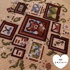 a cross stitch pattern with different frames and flowers on the bottom, along with a heart