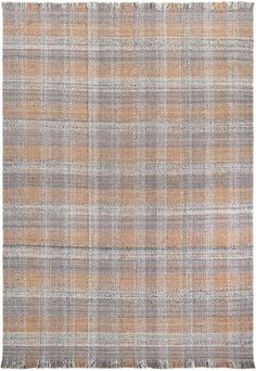 an orange and grey plaid rug with fringes