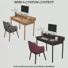 three computer desks and chairs with the text sims 4 custom content