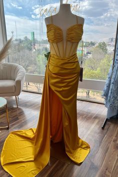 Yellow Beaded Mermaid Satin Deep V Neck Long Prom Dress with Slit Dream Prom Dress, Beaded Mermaid, Prom Dress With Slit, Prom Dresses Yellow, Wedding Dress With Pockets, Satin Material, Long Prom Dress, Mermaid Dresses, Prom Dresses Long