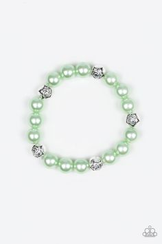 A collection of pearly green beads and floral silver beads are threaded along an elastic band around the wrist for a refined fashion. Sold as one individual bracelet. P9RE-GRXX-078XX ORDERED 15 MAY 19 Silver Pearl Bracelet, Paparazzi Accessories Jewelry, Refined Fashion, Green Bracelet, Green Pearls, Green Beads, Elegant Bracelet, Paparazzi Accessories, Affordable Jewelry