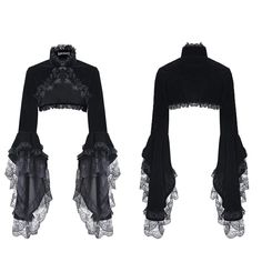 Edged with a stunning cutwork lace and rosettes, this short cape is sure to make a loud style statement. The flowing long sleeves edged with ruffles and luxurious velour make this a most desirable short jacket to go with your goth dresses. 
Material:POLYESTER 
Color:BLACK 
Size:S-2XL 
Sku:BW049? Goth Dresses, Cutwork Lace, Victorian Blouse, Velvet Cape, Punk Design, Goth Dress, Style Statement, Short Jacket, Lolita Fashion